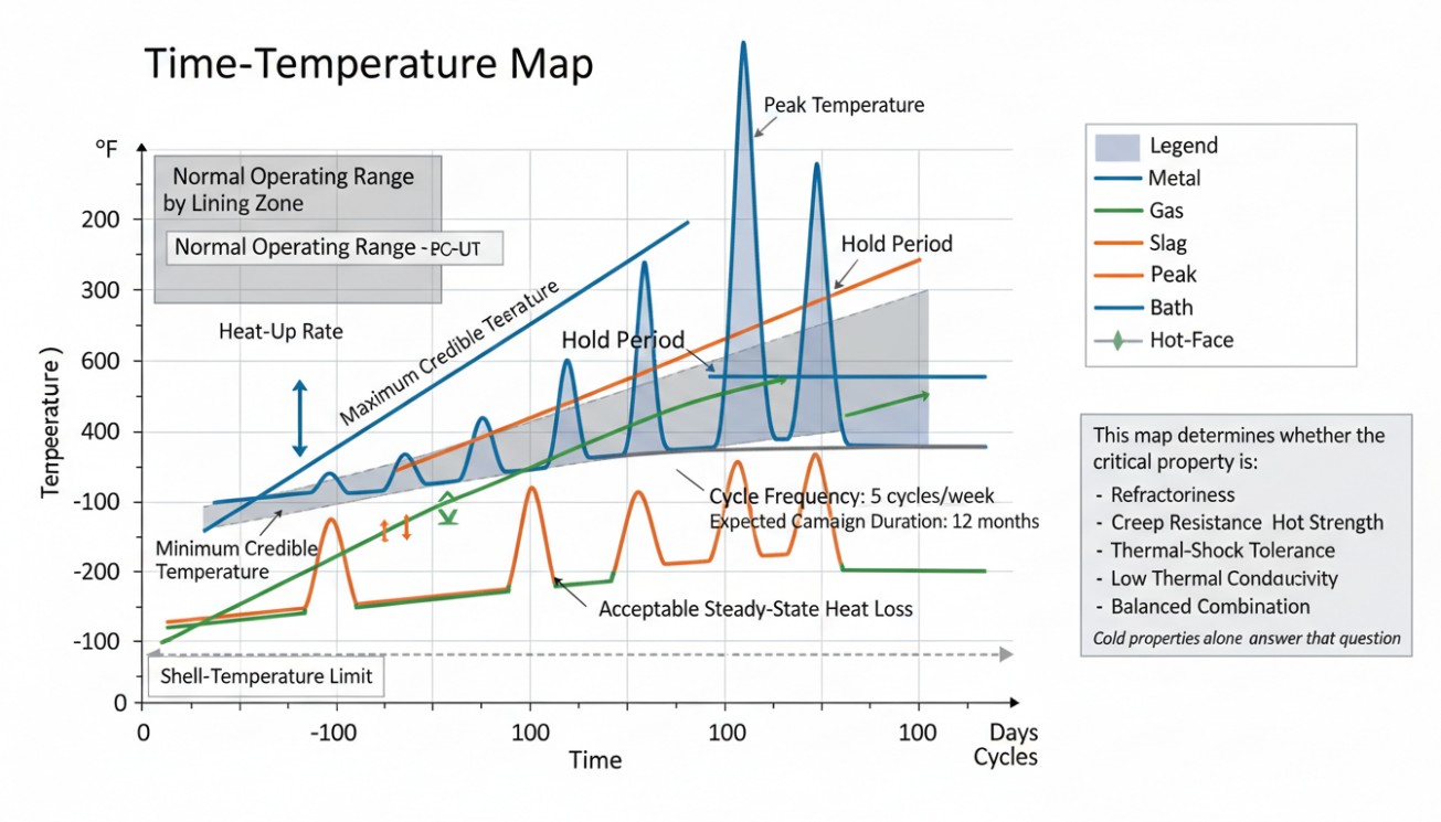 Time-temperature map comparing furnace operating ranges, thermal cycles, peak temperatures and shell temperature limits